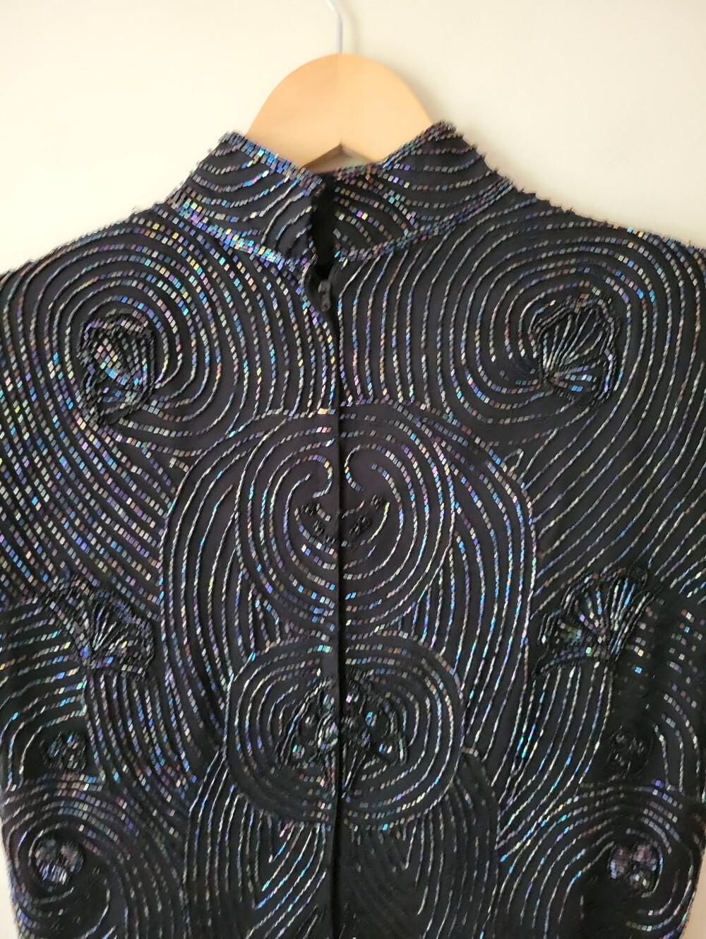 Vintage 90s Glam Goth Beaded Silk Mock Neck Top Black Short Sleeve Blouse Medium - Picture 6 of 9